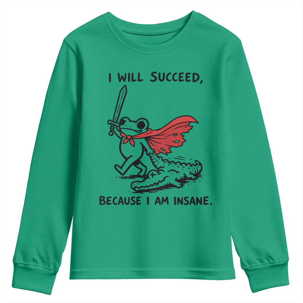 I Will Succeed Because I Am Insane Youth Sweatshirt Funny Frog Sarcastic Humor TS14 Irish Green Print Your Wear