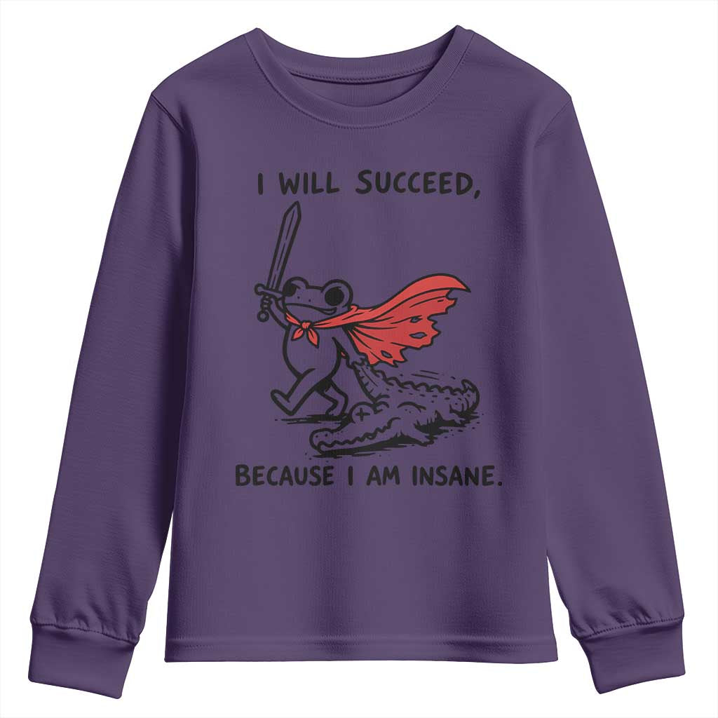 I Will Succeed Because I Am Insane Youth Sweatshirt Funny Frog Sarcastic Humor TS14 Purple Print Your Wear