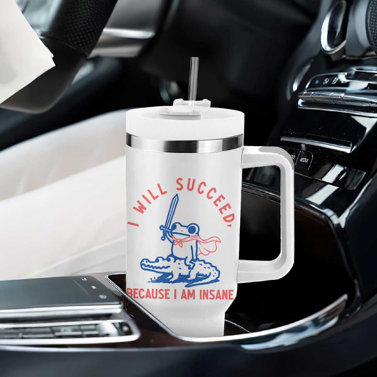 I Will Succeed Because I Am Insane Tumbler With Handle Funny Frog Riding Crocodile Sarcastic Humor TS14 Print Your Wear