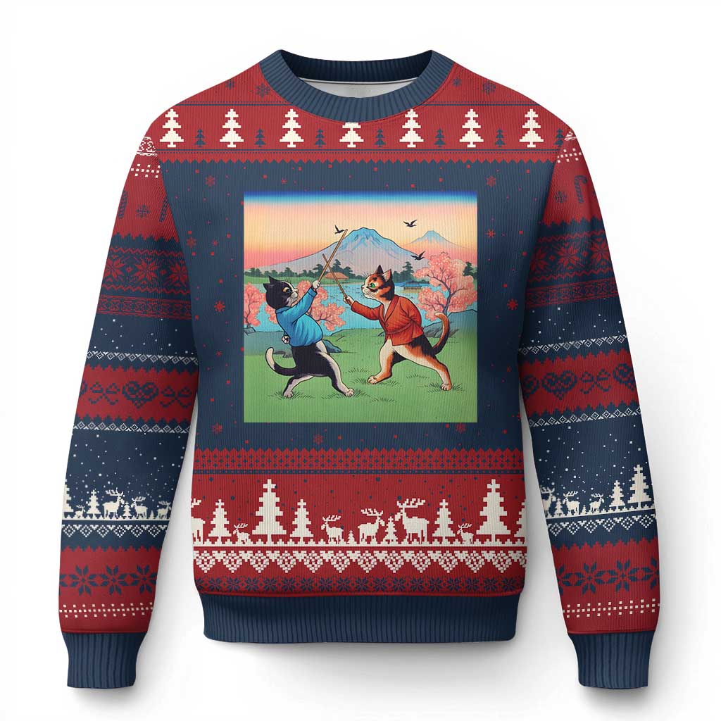 Funny Kendo Cat Ugly Christmas Sweater Samurai Martial Arts TS14 Navy Red Print Your Wear