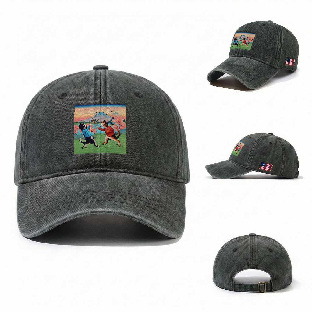 Funny Kendo Cat Washed Cotton Baseball Cap Samurai Martial Arts TS14 Washed Cap Universal Fit Dark Green Print Your Wear