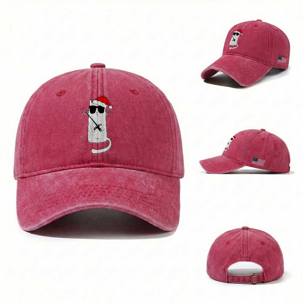 Funny Cat Fencing Christmas Washed Cotton Baseball Cap Cute Kitty Lover TS14 Washed Cap Universal Fit Red Print Your Wear