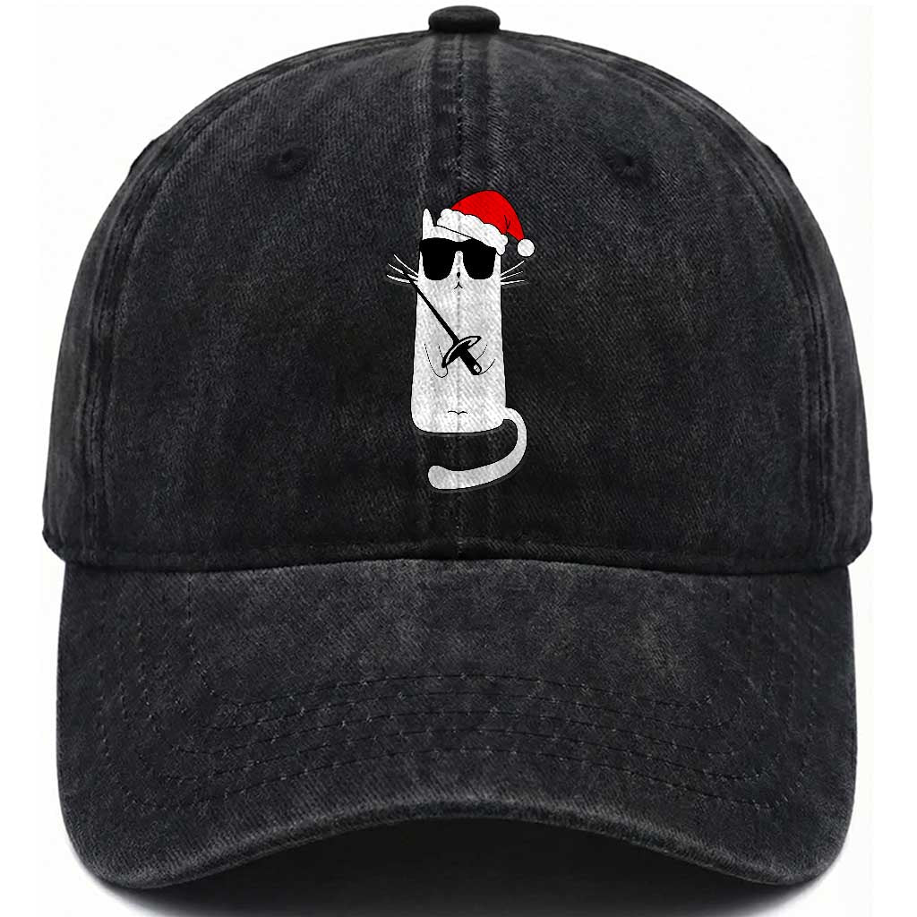 Funny Cat Fencing Christmas Washed Cotton Baseball Cap Cute Kitty Lover TS14 Washed Cap Universal Fit Black Print Your Wear