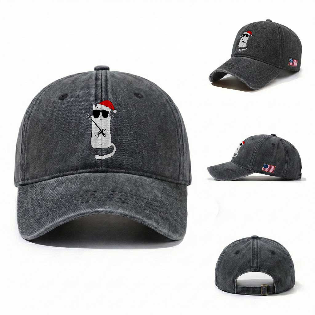 Funny Cat Fencing Christmas Washed Cotton Baseball Cap Cute Kitty Lover TS14 Washed Cap Universal Fit Dark Gray Print Your Wear