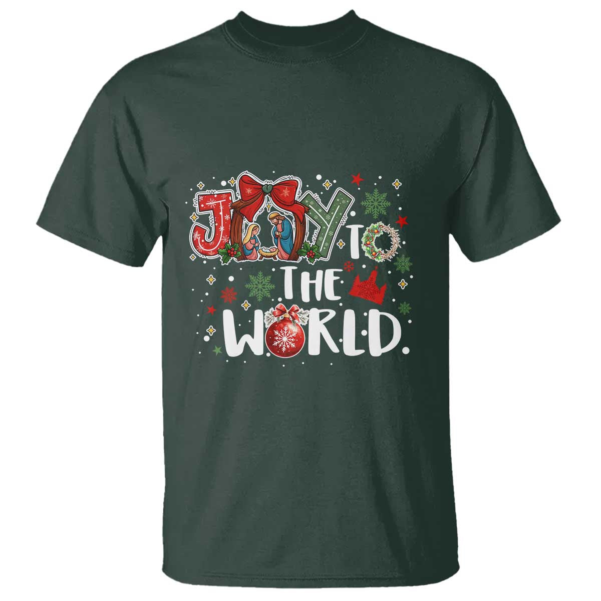 Nativity Scene Christmas T Shirt Joy To The World TS14 Dark Forest Green Print Your Wear