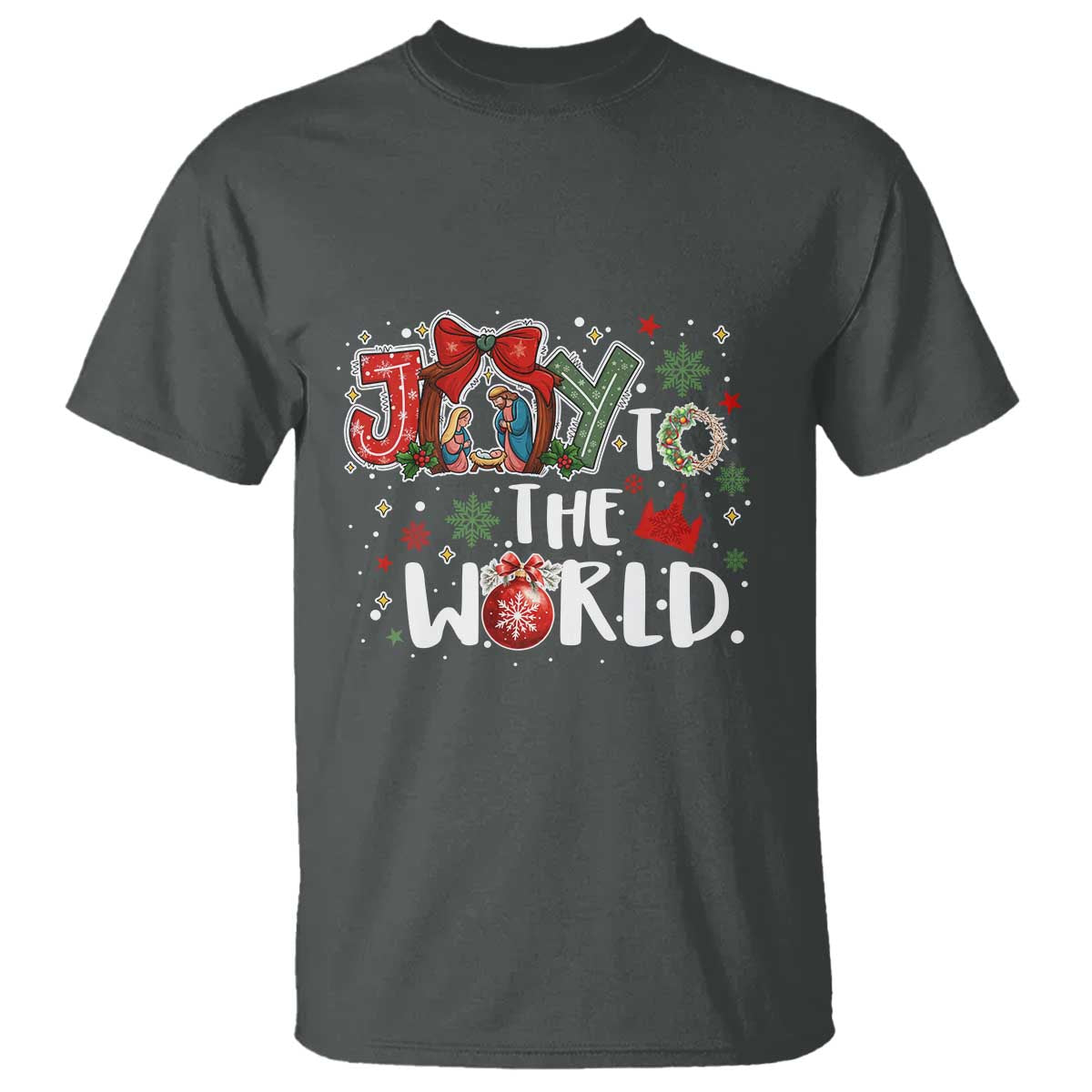 Nativity Scene Christmas T Shirt Joy To The World TS14 Dark Heather Print Your Wear
