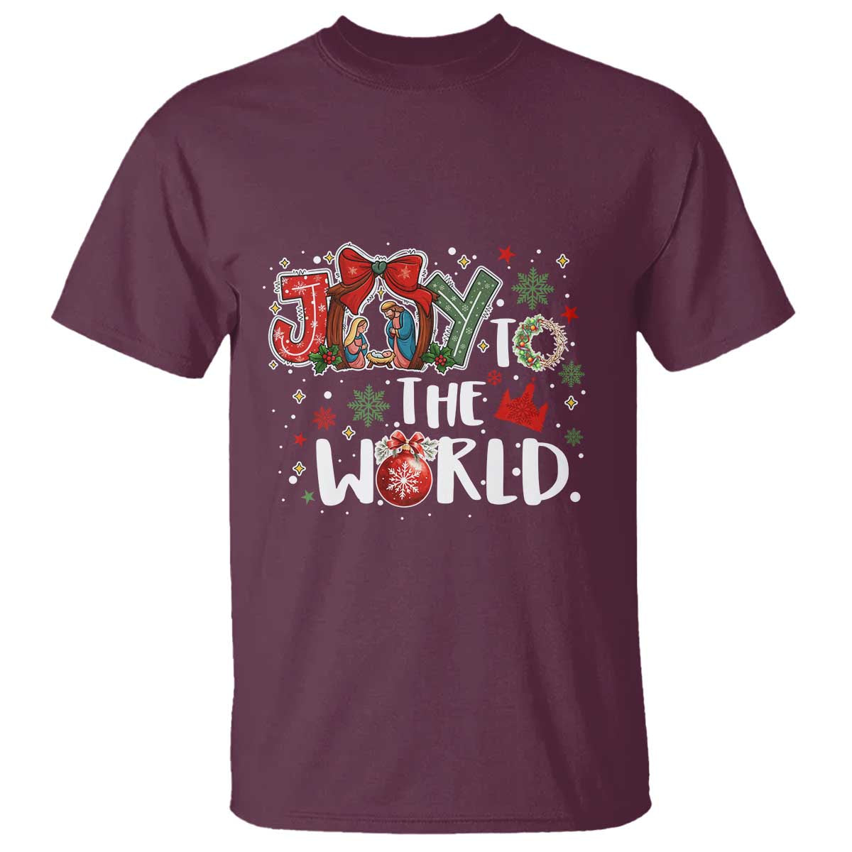 Nativity Scene Christmas T Shirt Joy To The World TS14 Maroon Print Your Wear
