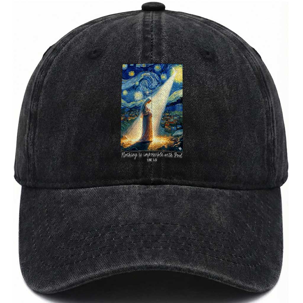 Virgin Mary Starry Night Washed Cotton Baseball Cap Luke 2:11 Christian Faith TS14 Washed Cap Universal Fit Black Print Your Wear