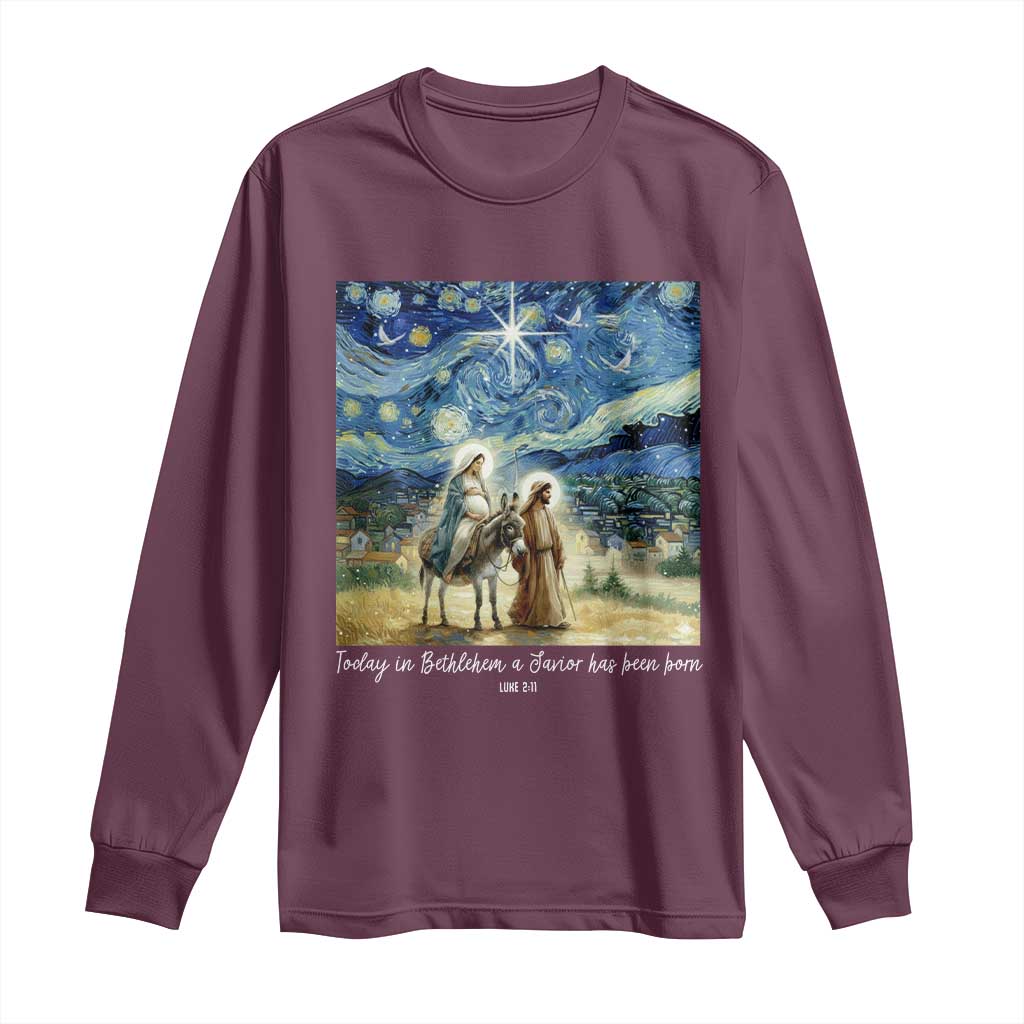 Bethlehem Starry Night Long Sleeve Shirt Nativity Luke 2:11 Christian Christmas TS14 Maroon Print Your Wear