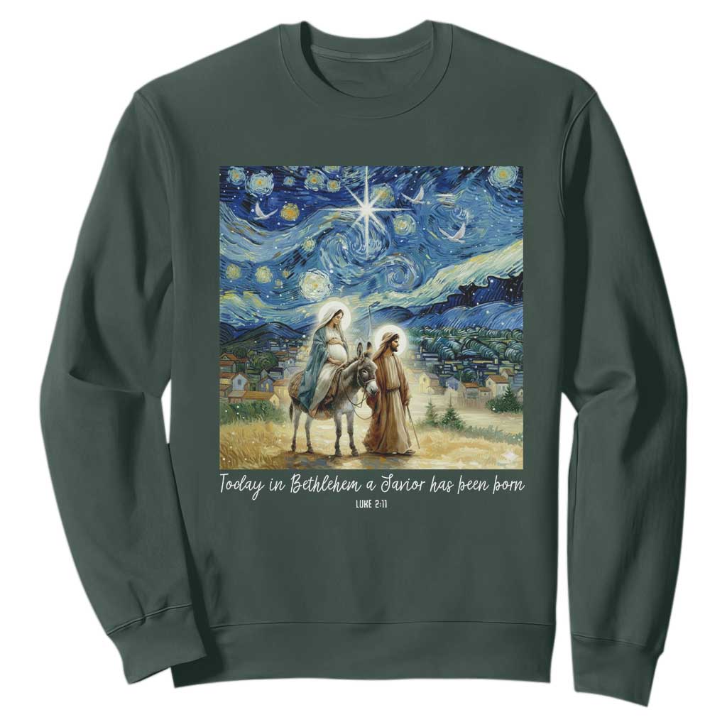 Bethlehem Starry Night Sweatshirt Nativity Luke 2:11 Christian Christmas TS14 Dark Forest Green Print Your Wear