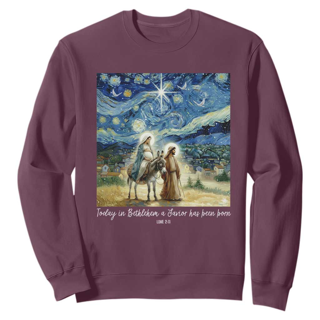 Bethlehem Starry Night Sweatshirt Nativity Luke 2:11 Christian Christmas TS14 Maroon Print Your Wear
