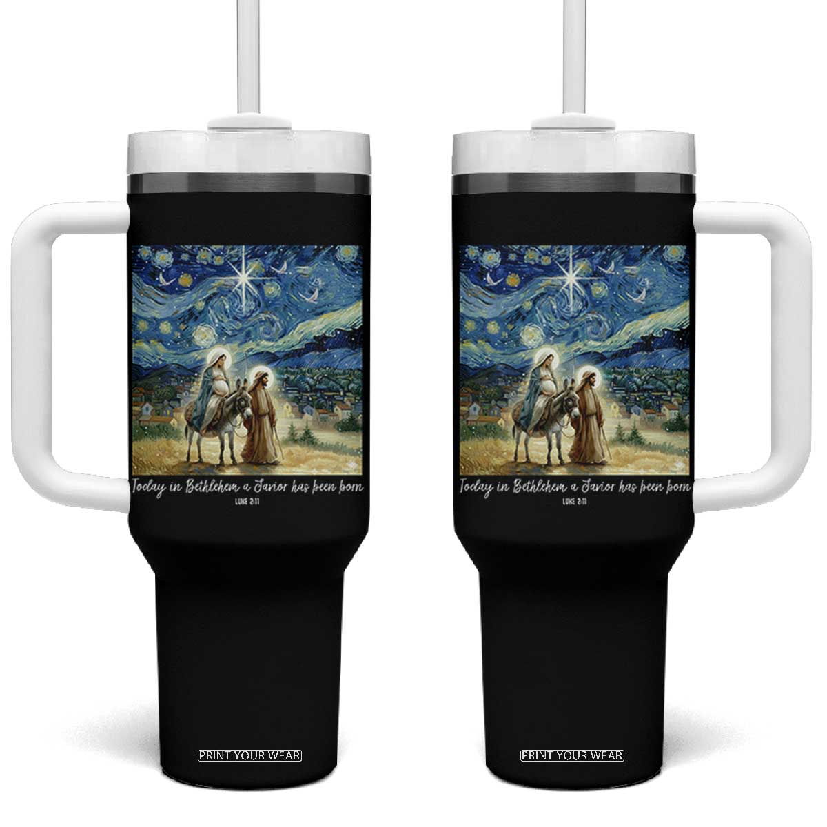 Bethlehem Starry Night Tumbler With Handle Nativity Luke 2:11 Christian Christmas TS14 One Size: 40 oz Black Print Your Wear
