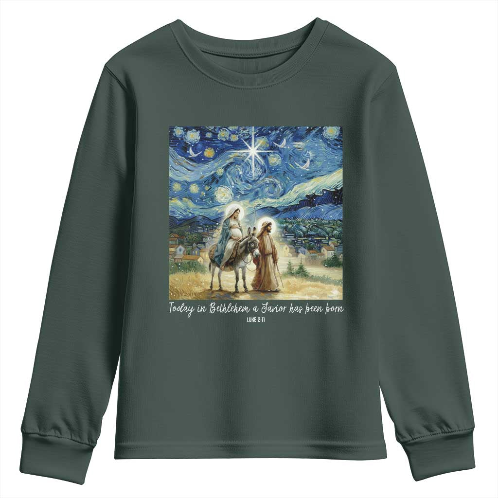 Bethlehem Starry Night Youth Sweatshirt Nativity Luke 2:11 Christian Christmas TS14 Dark Forest Green Print Your Wear