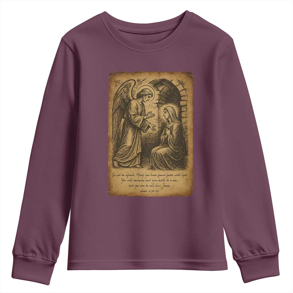 Virgin Mary Youth Sweatshirt Angel Gabriel Luke 1:30 Christian TS14 Maroon Print Your Wear
