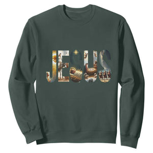 Jesus Christmas Sweatshirt Nativity Holy Night Christian Faith TS14 Dark Forest Green Print Your Wear