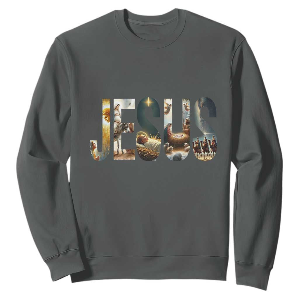 Jesus Christmas Sweatshirt Nativity Holy Night Christian Faith TS14 Dark Heather Print Your Wear