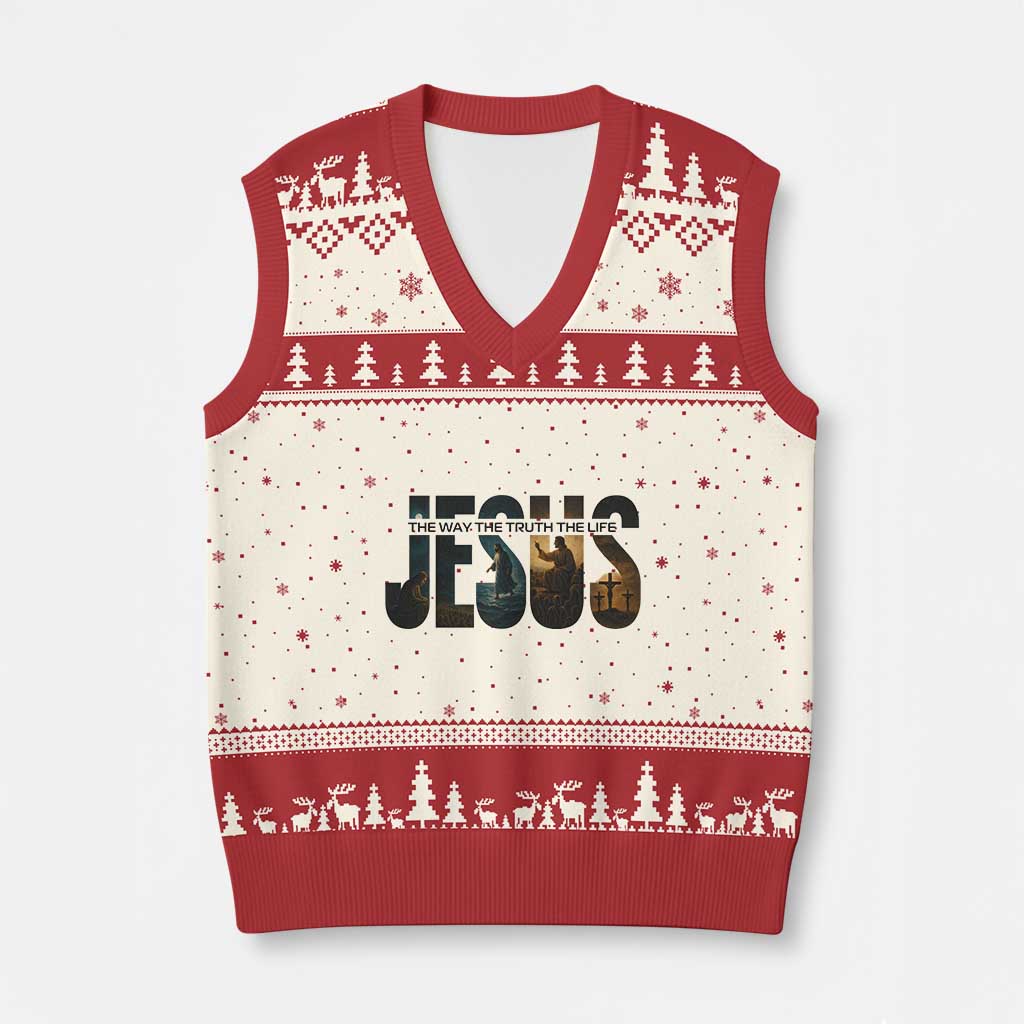 Jesus Christian Bible V-Neck Knit Sweater Vest The Way The Truth The Life TS14 Beige Red Print Your Wear
