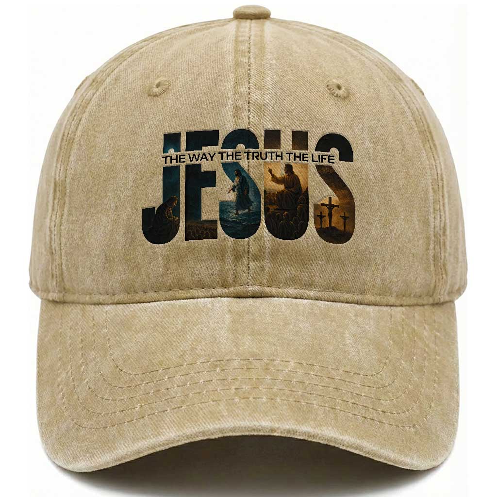 Jesus Christian Bible Washed Cotton Baseball Cap The Way The Truth The Life TS14 Washed Cap Universal Fit Khaki Print Your Wear