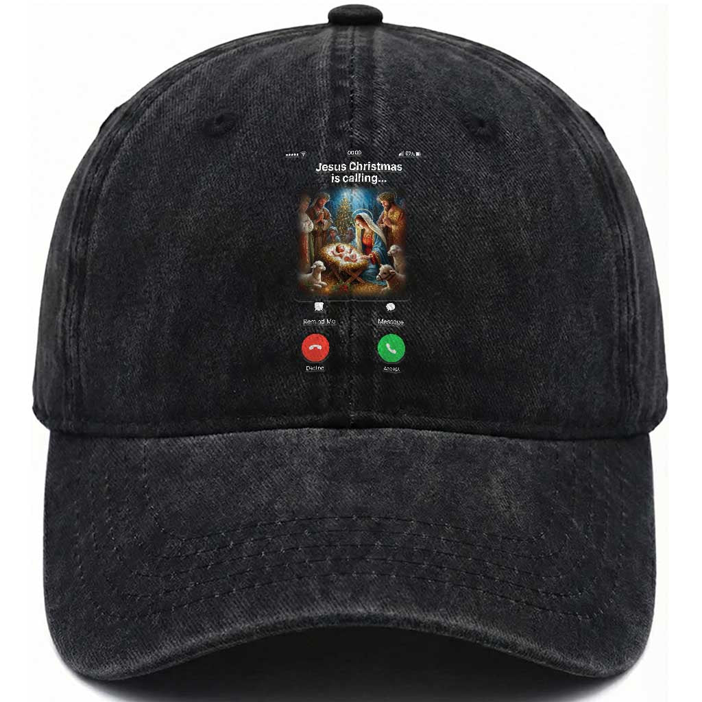 Jesus Christmas Washed Cotton Baseball Cap Video Call Nativity Scene Funny Christian Xmas TS14 Washed Cap Universal Fit Black Print Your Wear