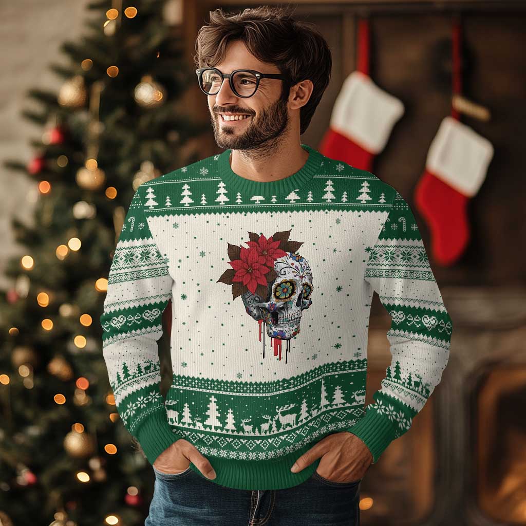 Sugar Skull Calavera Holiday Spirit Mistletoe Ugly Christmas Sweater TS14 Beige Green Print Your Wear