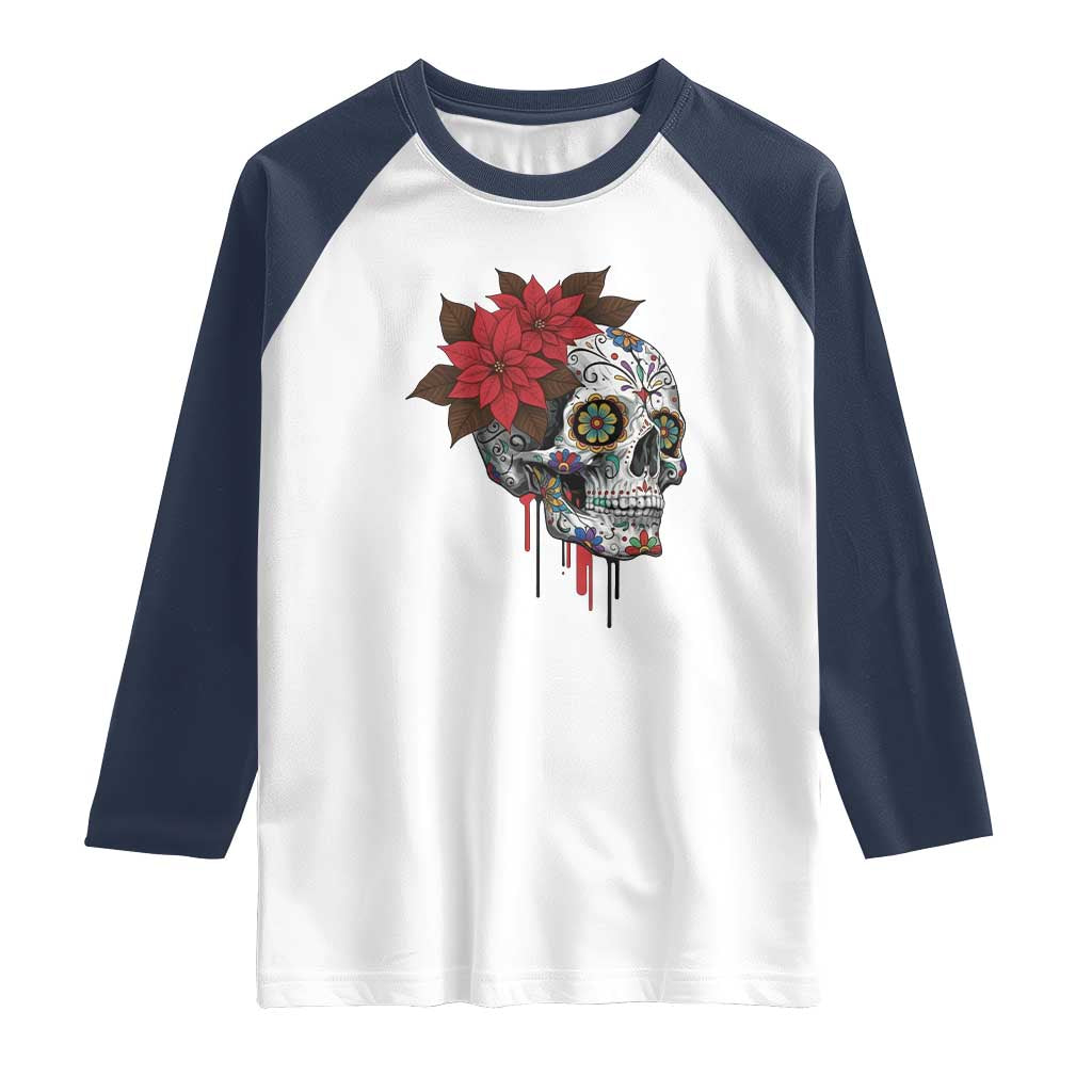 Sugar Skull Calavera Holiday Spirit Mistletoe Raglan Shirt TS14 White Navy Print Your Wear