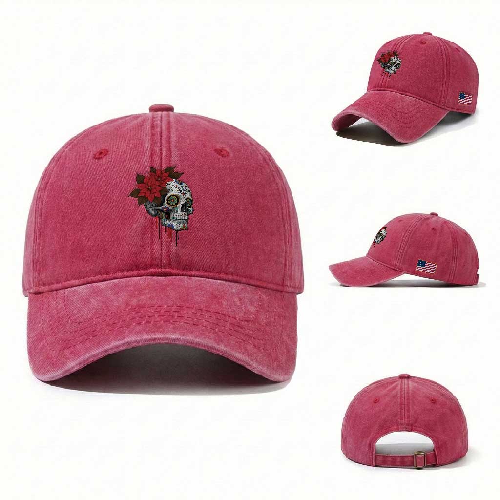 Sugar Skull Calavera Holiday Spirit Mistletoe Washed Cotton Baseball Cap TS14 Washed Cap Universal Fit Red Print Your Wear