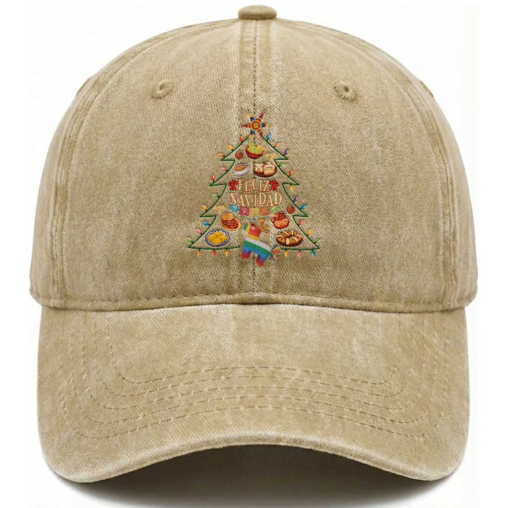 Feliz Navidad Washed Cotton Baseball Cap Mexican Christmas Tree Fiesta TS14 Washed Cap Universal Fit Khaki Print Your Wear