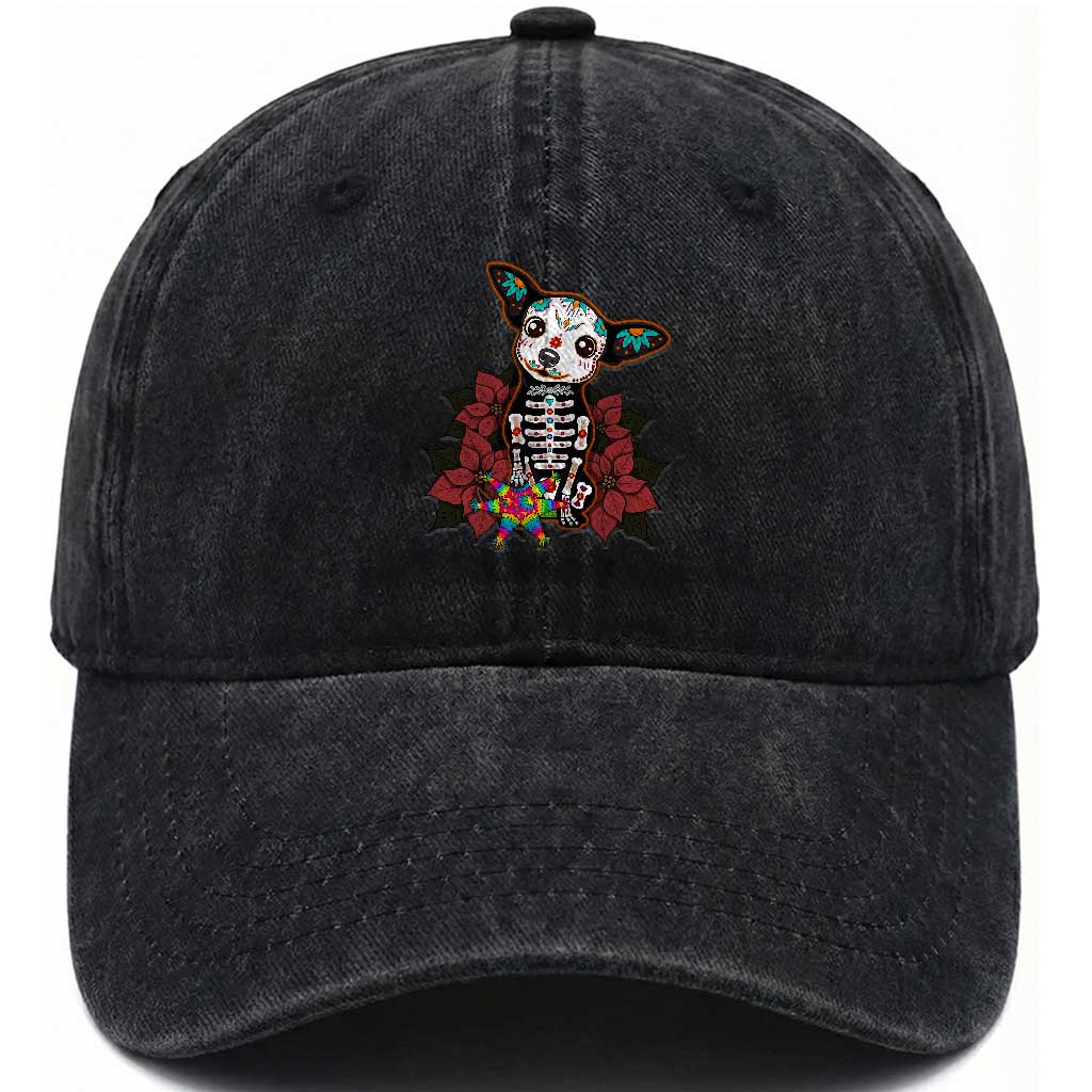 Calavera Chihuahua Washed Cotton Baseball Cap Pinata Dia De Los Muertos Mexican TS14 Washed Cap Universal Fit Black Print Your Wear