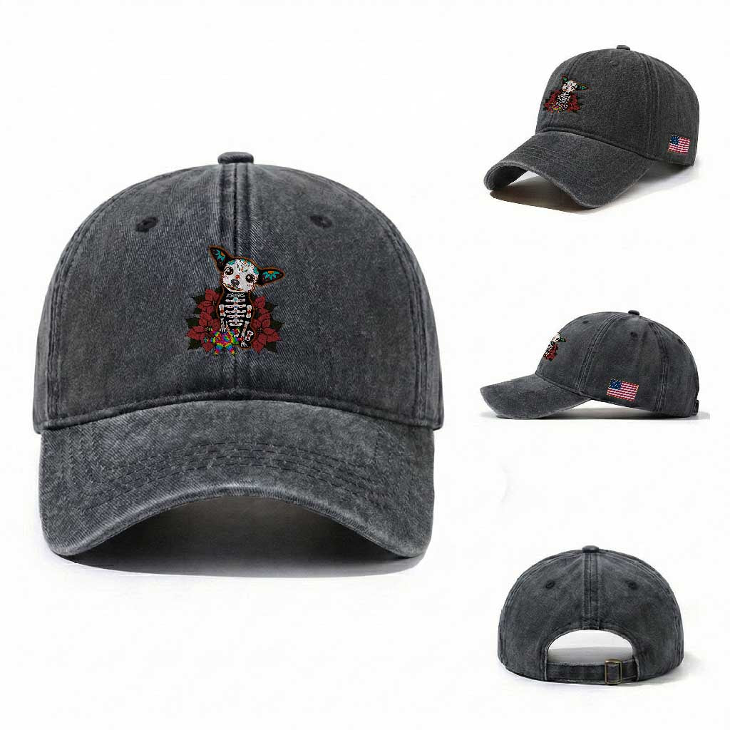 Calavera Chihuahua Washed Cotton Baseball Cap Pinata Dia De Los Muertos Mexican TS14 Washed Cap Universal Fit Dark Gray Print Your Wear