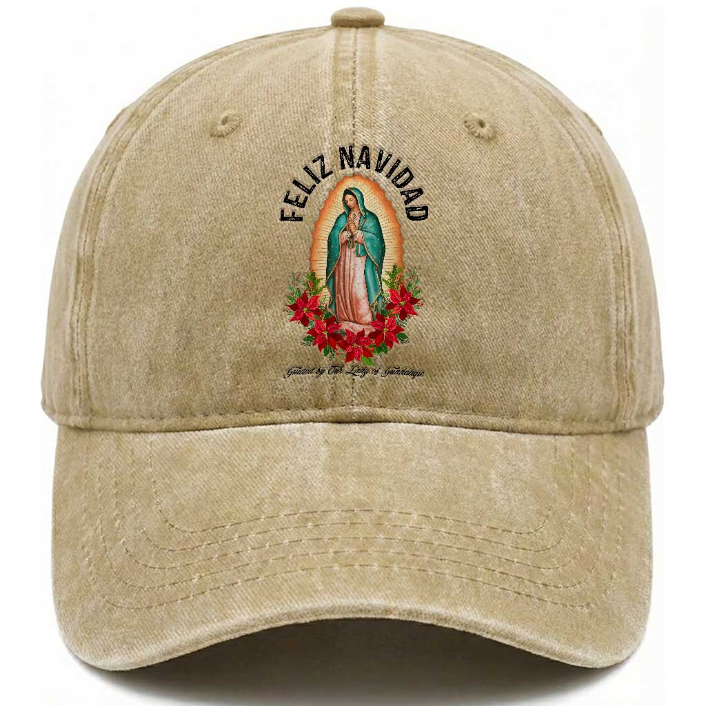 Virgin Mary Feliz Navidad Washed Cotton Baseball Cap Our Lady Virgen De Guadalupe TS14 Washed Cap Universal Fit Khaki Print Your Wear