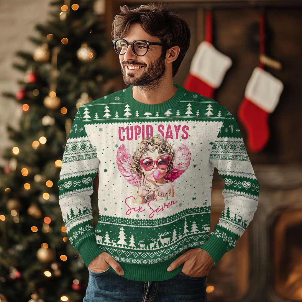 67 Valetines Ugly Christmas Sweater Funny Cupid Says Six Seven TS14 Beige Green Print Your Wear