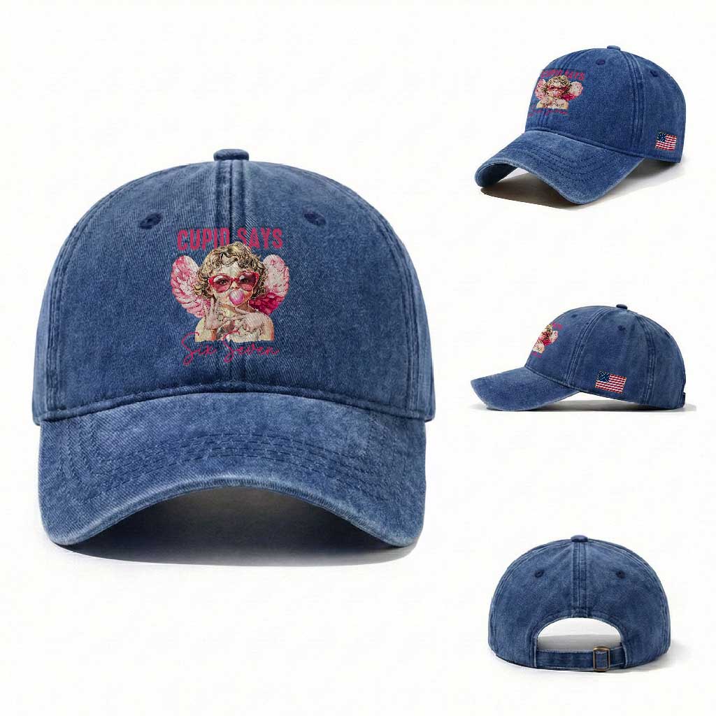 67 Valetines Washed Cotton Baseball Cap Funny Cupid Says Six Seven TS14 Washed Cap Universal Fit Royal Blue Print Your Wear