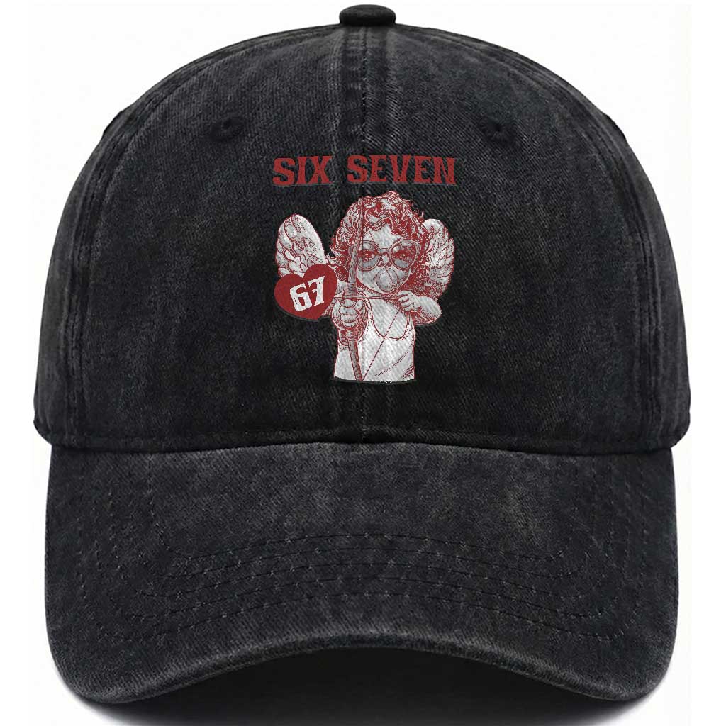67 Valetines Meme Washed Cotton Baseball Cap Funny Six Seven Valentines Day Heart TS14 Washed Cap Universal Fit Black Print Your Wear