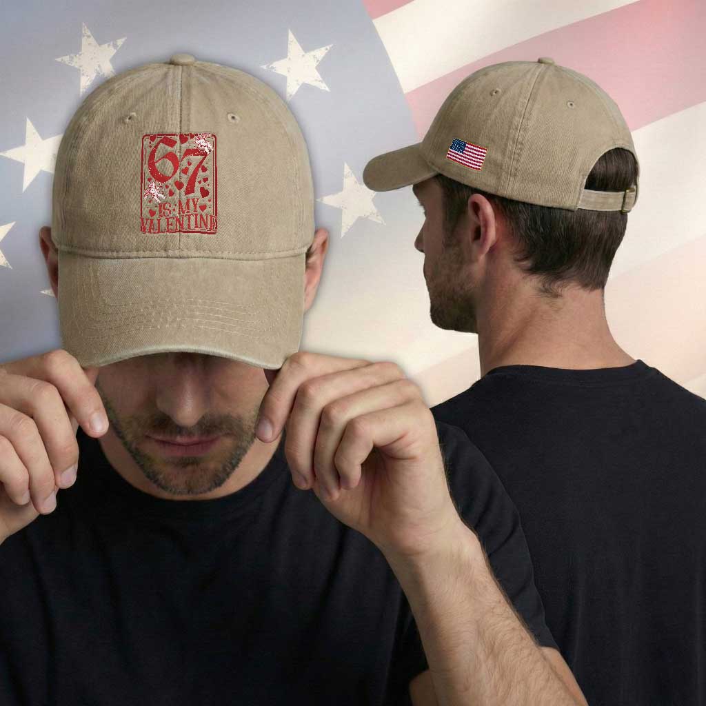 67 Valentines Playing Card Washed Cotton Baseball Cap Funny Six Seven Relationship Meme TS14 Print Your Wear