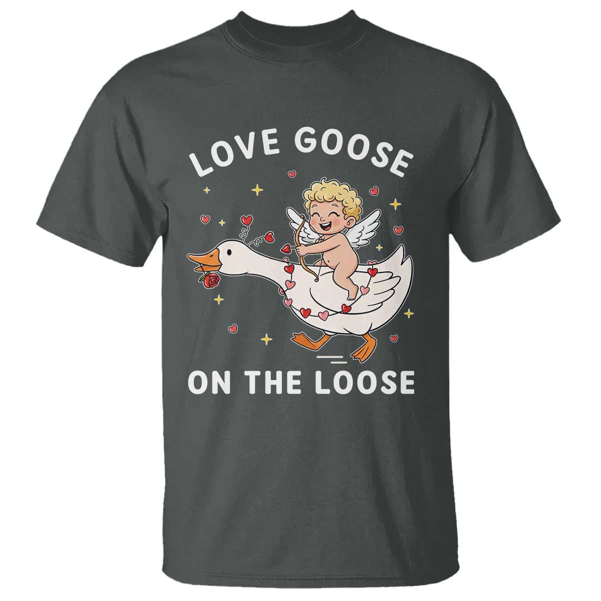 Funny Valentine Goose T Shirt Love Goose On The Loose TS14 Dark Heather Print Your Wear