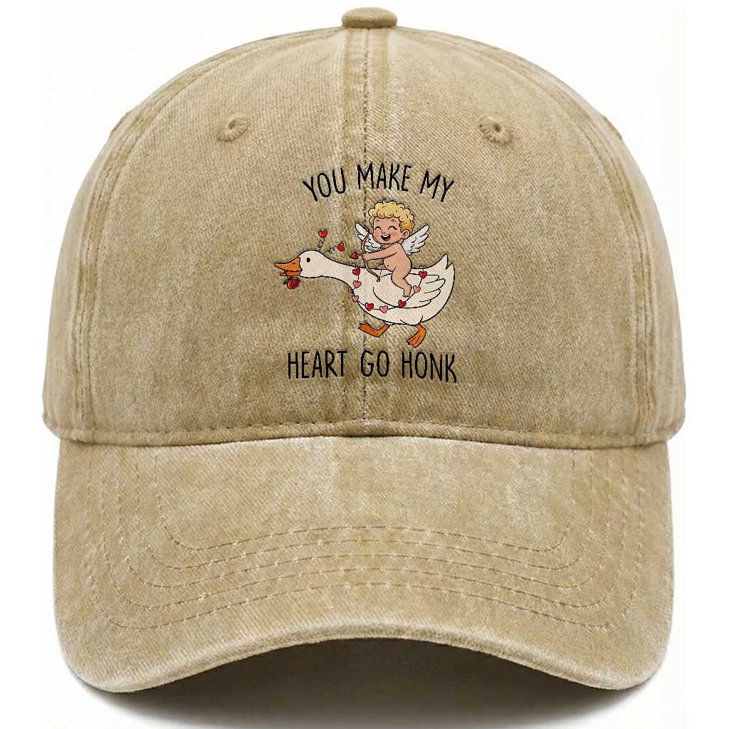 Funny Valentine Goose Washed Cotton Baseball Cap You Make My Heart Go Honk TS14 Washed Cap Universal Fit Khaki Print Your Wear