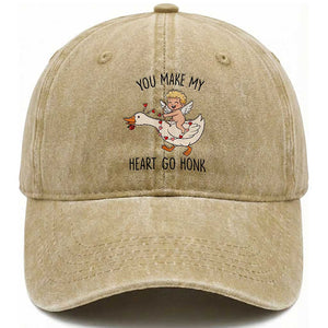 Funny Valentine Goose Washed Cotton Baseball Cap You Make My Heart Go Honk TS14 Washed Cap Universal Fit Khaki Print Your Wear
