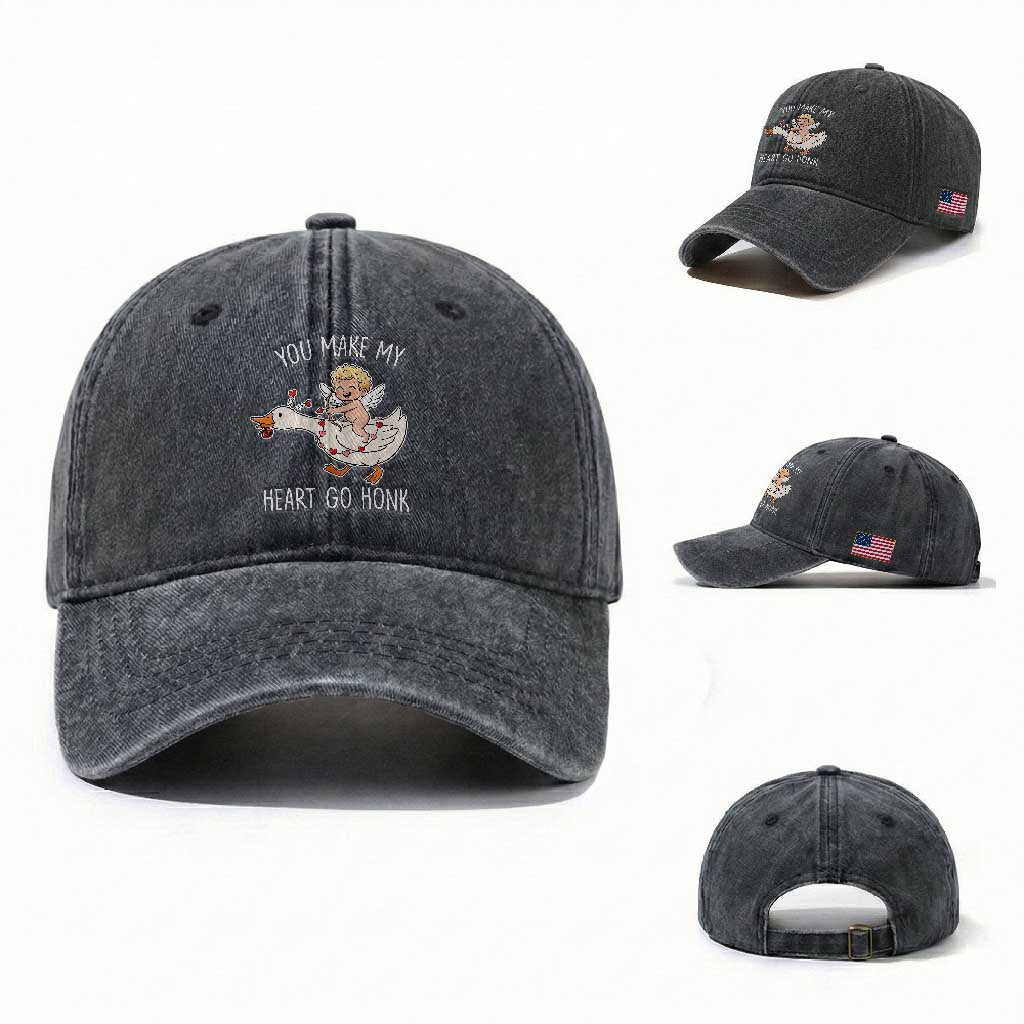 You Make My Heart Go Honk Washed Cotton Baseball Cap Funny Valentine Goose TS14 Washed Cap Universal Fit Dark Gray Print Your Wear