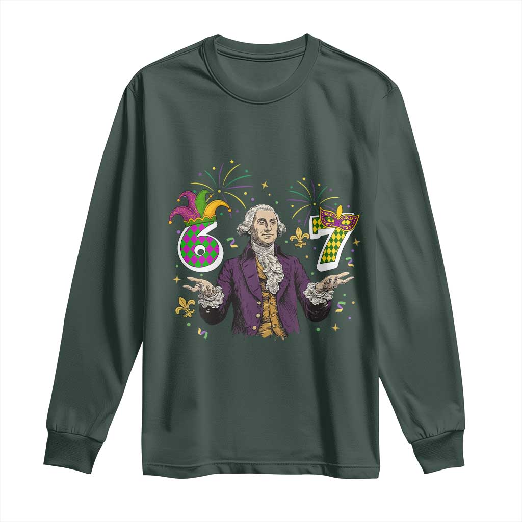 67 Mardi Gras Long Sleeve Shirt Funny Six Seven George Washington Meme TS14 Dark Forest Green Print Your Wear
