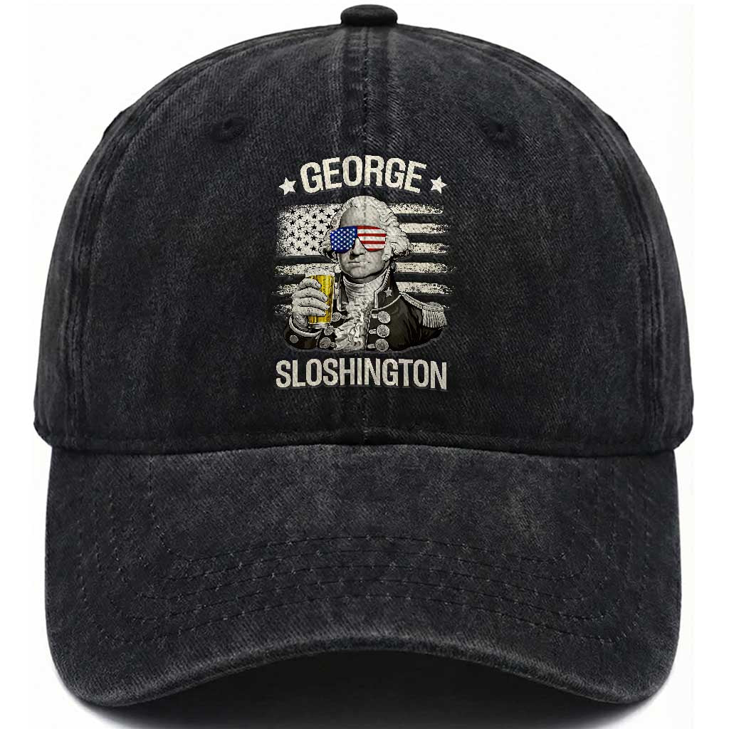 George Sloshington Washington Washed Cotton Baseball Cap 4th of July America Flag Beer TS14 Washed Cap Universal Fit Black Print Your Wear