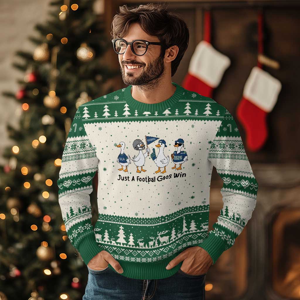 Funny Seattle 2026 Ugly Christmas Sweater Just A Football Goose Win TS14 Beige Green Print Your Wear