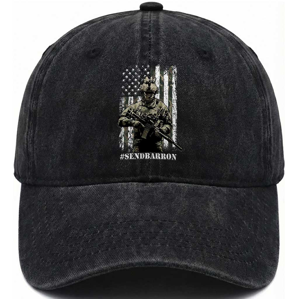 Send Barron Washed Cotton Baseball Cap Sarcastic Political American Flag Camo Soldier TS14 Washed Cap Universal Fit Black Print Your Wear