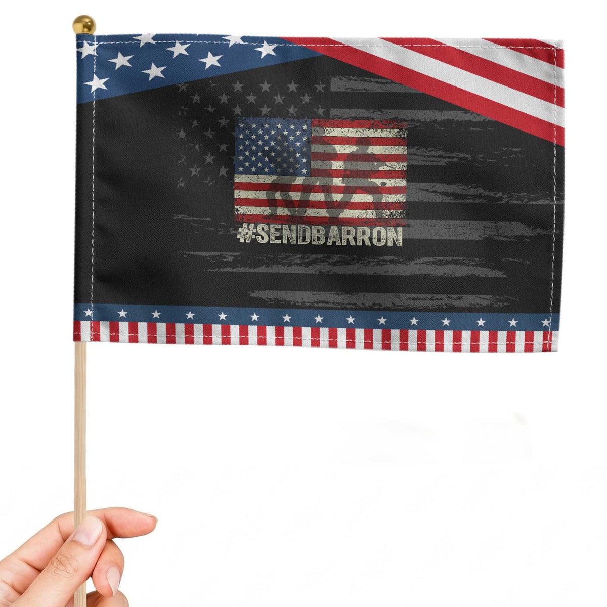 Send Barron Patriotic Handheld Flag Vintage American Flag Soldier Hashtag Internet Meme TS14 Distressed 8.2