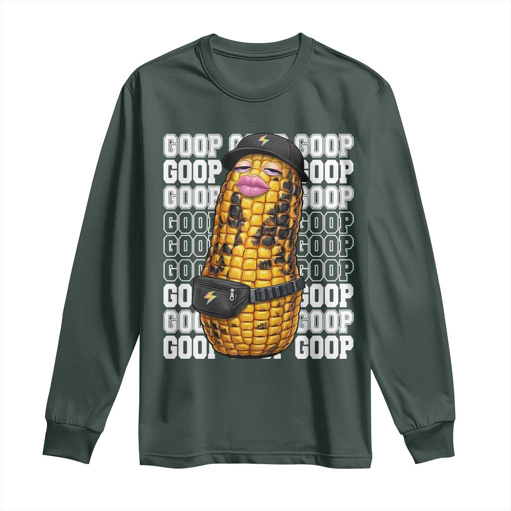 Funny Burnt Peanut Goop Long Sleeve Shirt Burnt Corn Meme Viral Humor TS14 Dark Forest Green Print Your Wear