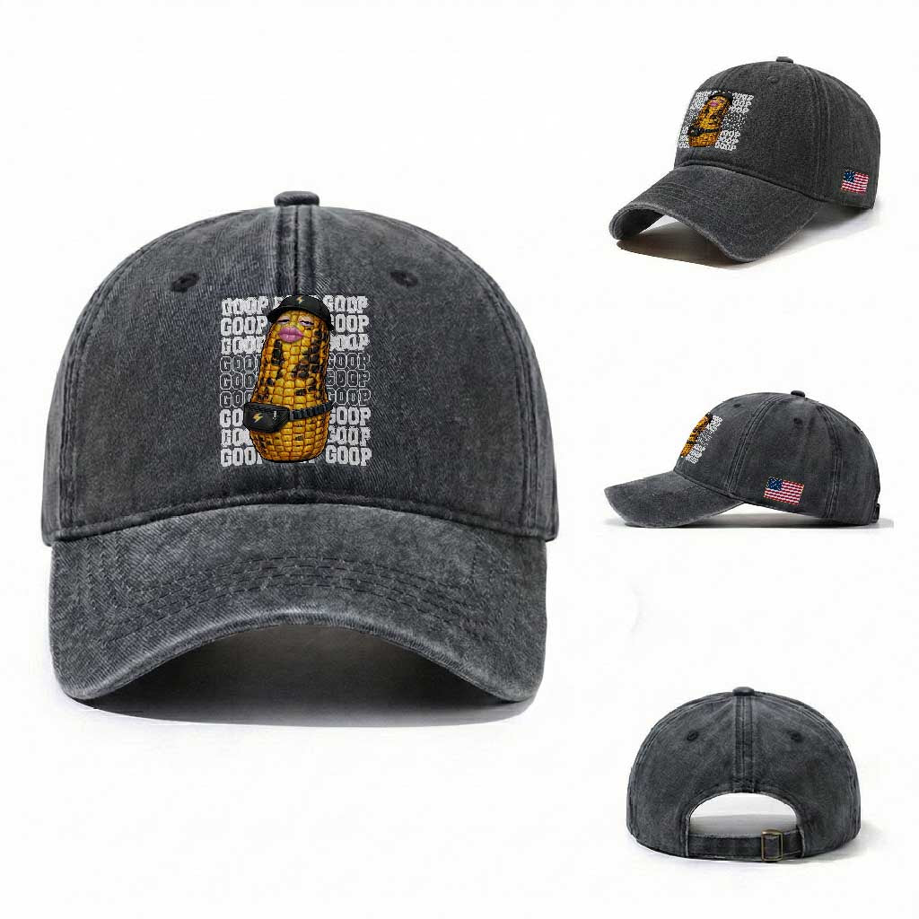 Funny Burnt Peanut Goop Washed Cotton Baseball Cap Burnt Corn Meme Viral Humor TS14 Washed Cap Universal Fit Dark Gray Print Your Wear