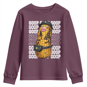 Funny Burnt Peanut Goop Youth Sweatshirt Burnt Corn Meme Viral Humor TS14 Maroon Print Your Wear