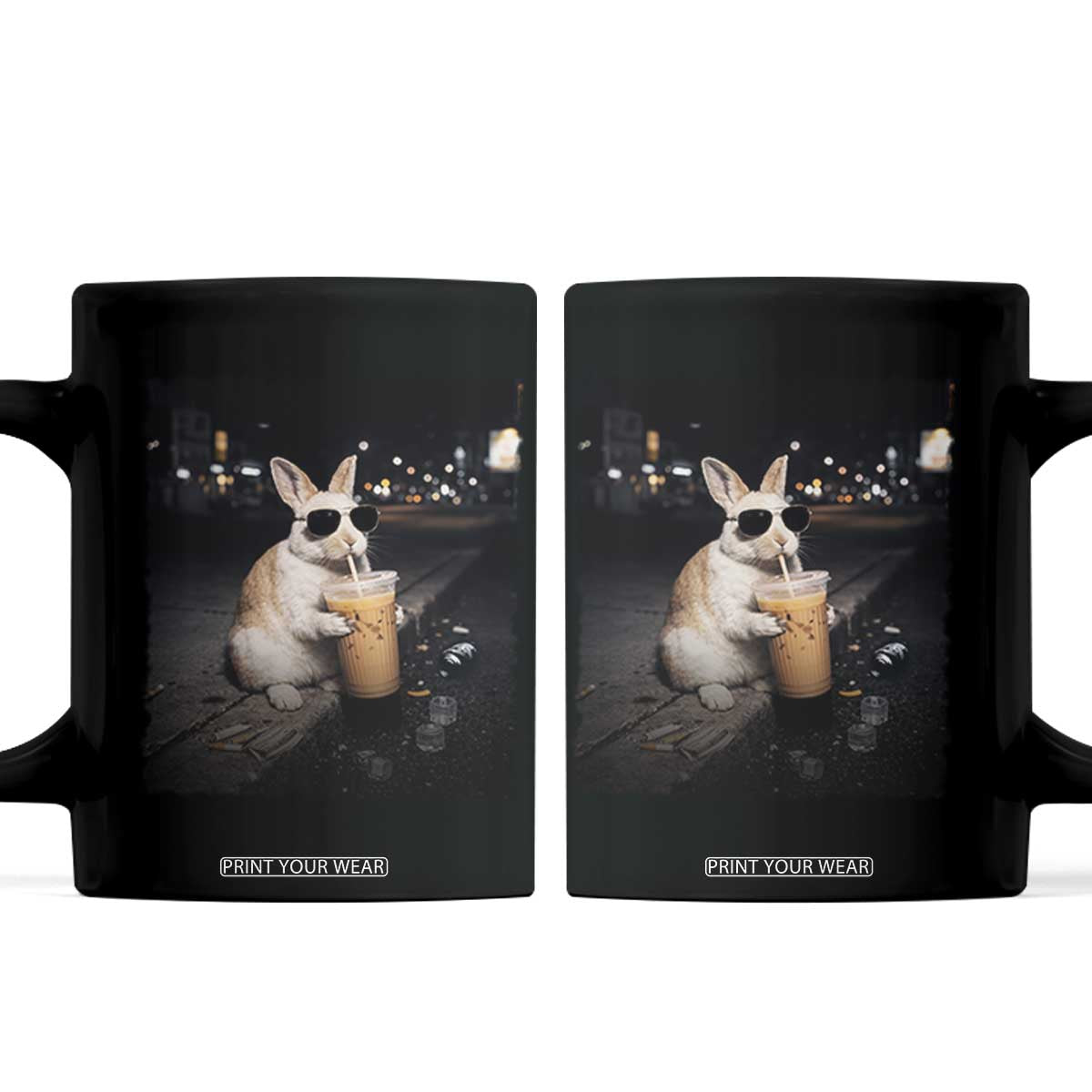 Funny Bunny Drinking Iced Coffee Coffee Mug Animal Meme Viral Internet TS14 Black Print Your Wear