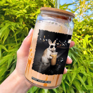 Funny Bunny Drinking Iced Coffee Glass Can Animal Meme Viral Internet TS14 Black Print Your Wear