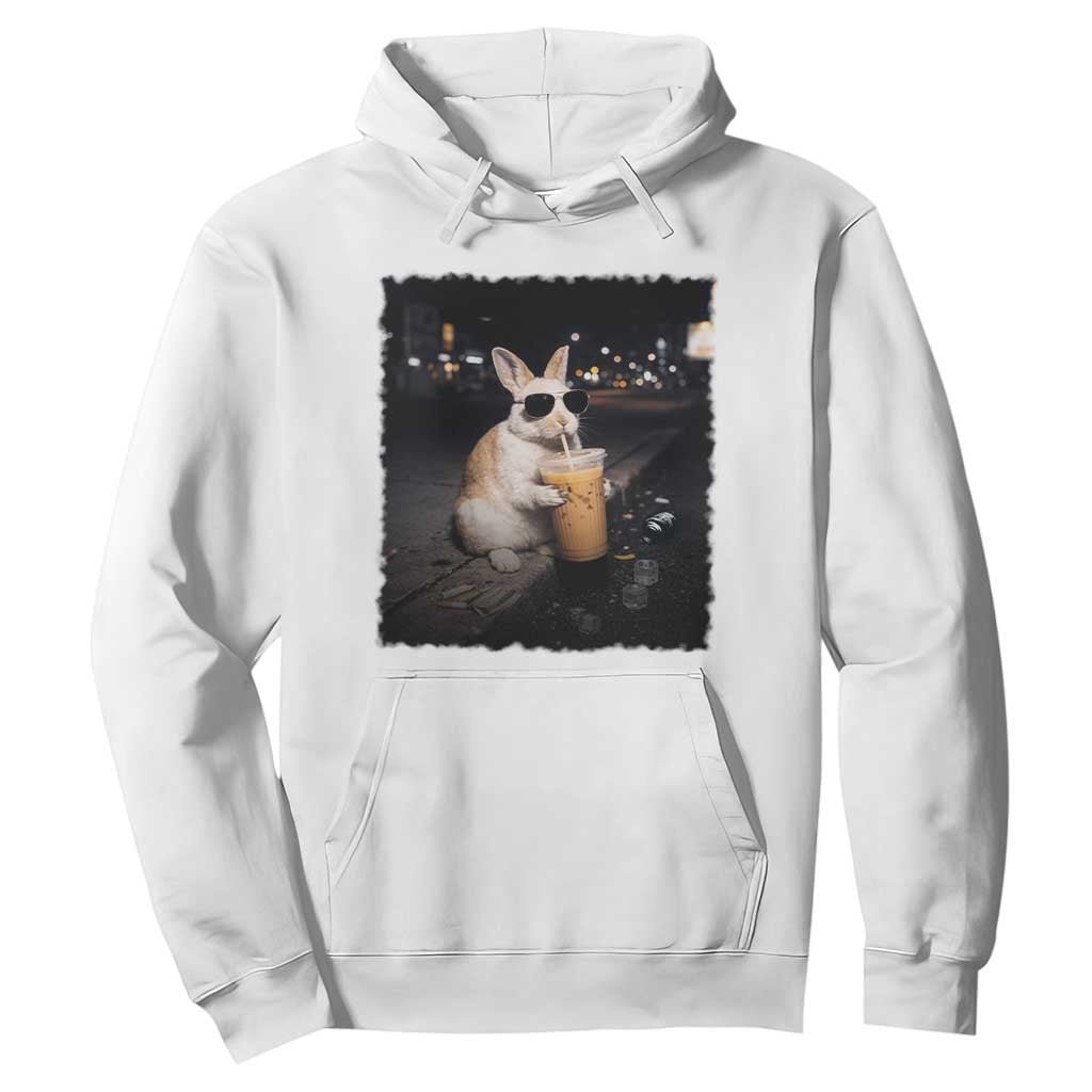 Funny Bunny Drinking Iced Coffee Hoodie Animal Meme Viral Internet TS14 White Print Your Wear