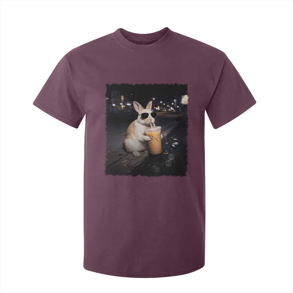 Funny Bunny Drinking Iced Coffee T Shirt For Kid Animal Meme Viral Internet TS14 Maroon Print Your Wear